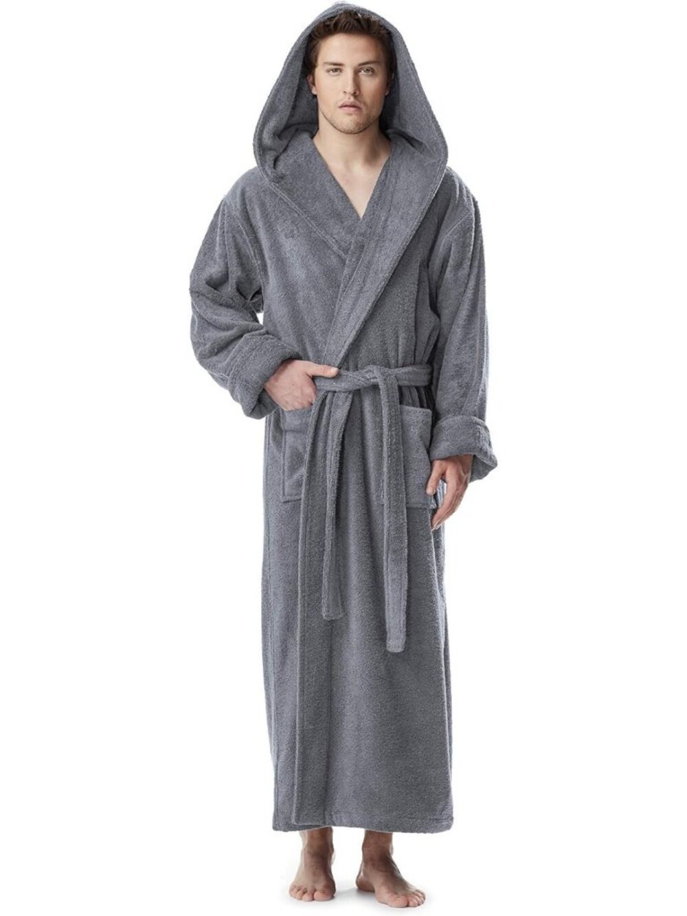 Men's Hooded Turkish Cotton Bathrobe - Full Ankle Length, Soft & Cozy Luxe Wear